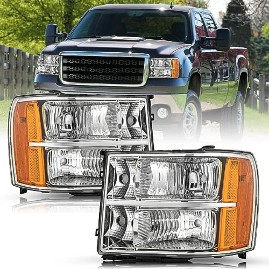 

Fit for 2007-2013 GMC Sierra 1500 Headlight Assembly 07-14 GMC Sierra 2500 HD 3500 HD OE Factory Style Replacement LH+RH Chrome