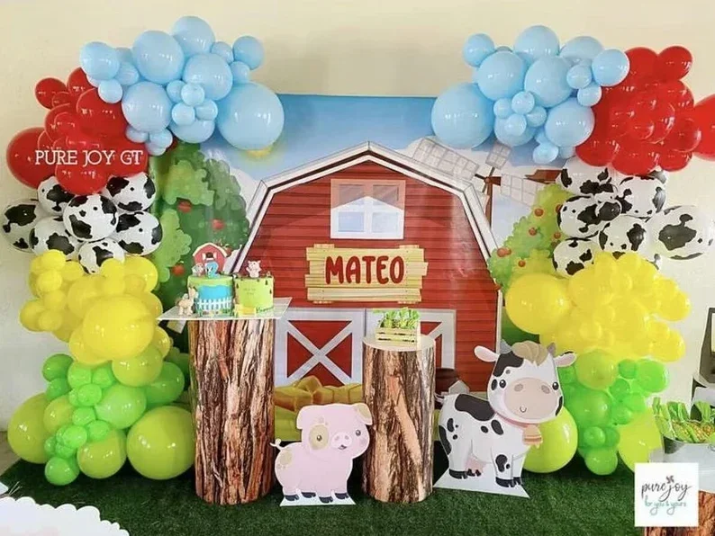 Mehofond الأحمر باب الحظيرة قوس خلفية غطاء مزرعة حفلة عيد ميلاد الخشب الأخضر يترك أقواس خلفية Festa حفلة استحمام الطفل ديكور