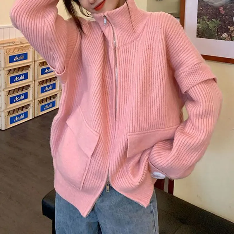 Korean Solid Color Loose Knitted Cardigan Female Clothing Letter Casual Autumn Winter Turtleneck Basic Fashion Zipper Sweaters