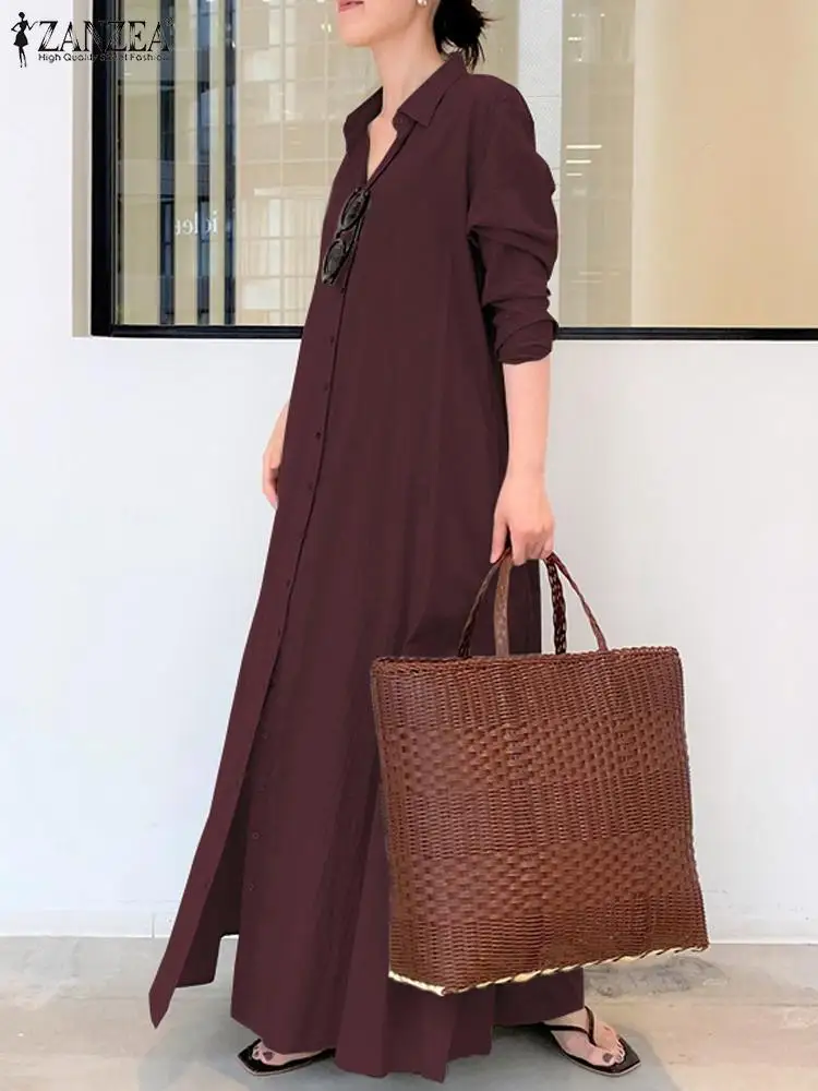 2023 ZANZEA Women Fashion Lapel Neck Dress Femme Casual Long Sleeve Sundress Spring Maxi Robe Solid Shirt Vestidos Oversized