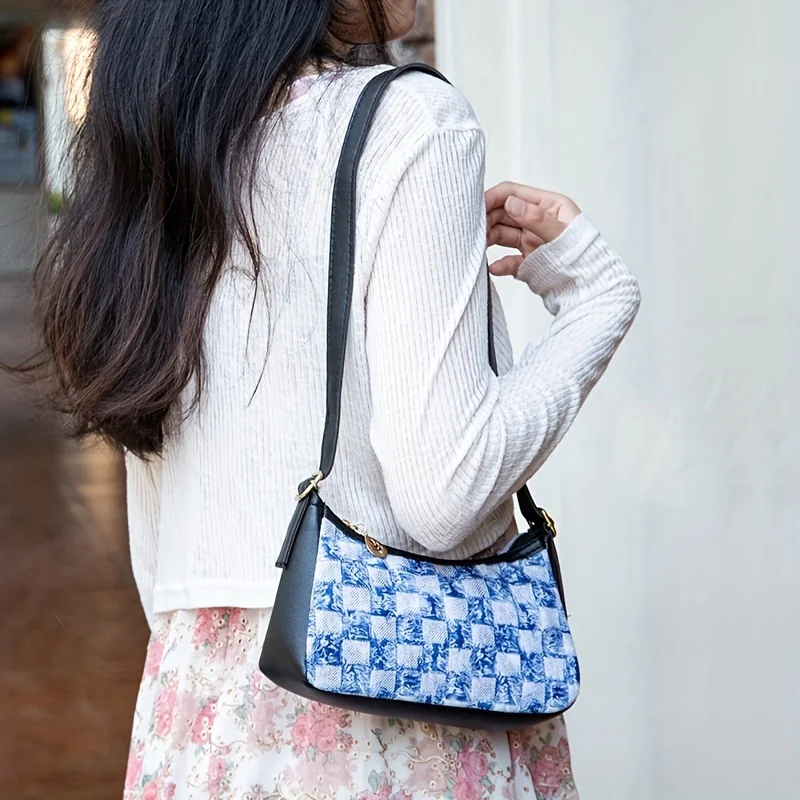 Rhombus Pattern Denim Color Shoulder Bag, Trendy Zipper Underarm Bag, Women's Retro Handbag & Purse