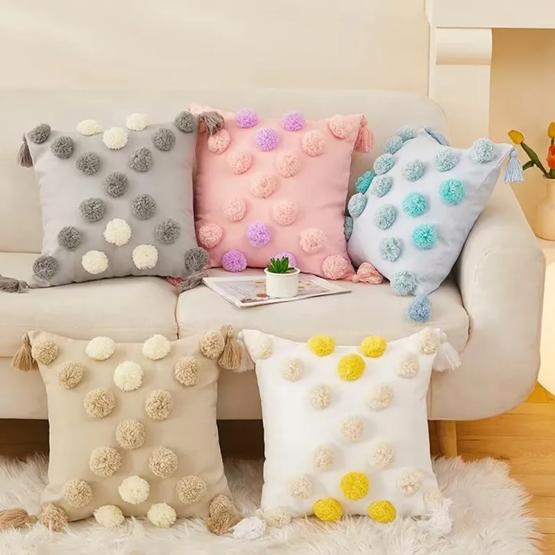 

Pillowcase Single-Sided Pattern Cushion Cases Plush Ball Pillow Covers Tassels Contrast Color Home Decor Sofa Throw Pillow Case