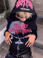 Gothic Retro Letter Print Picture Hip Hop Hoodie for Men's Clothing Y2k Harajuku Vintage Long Sleeves Loose Hoodies Sweatshirts