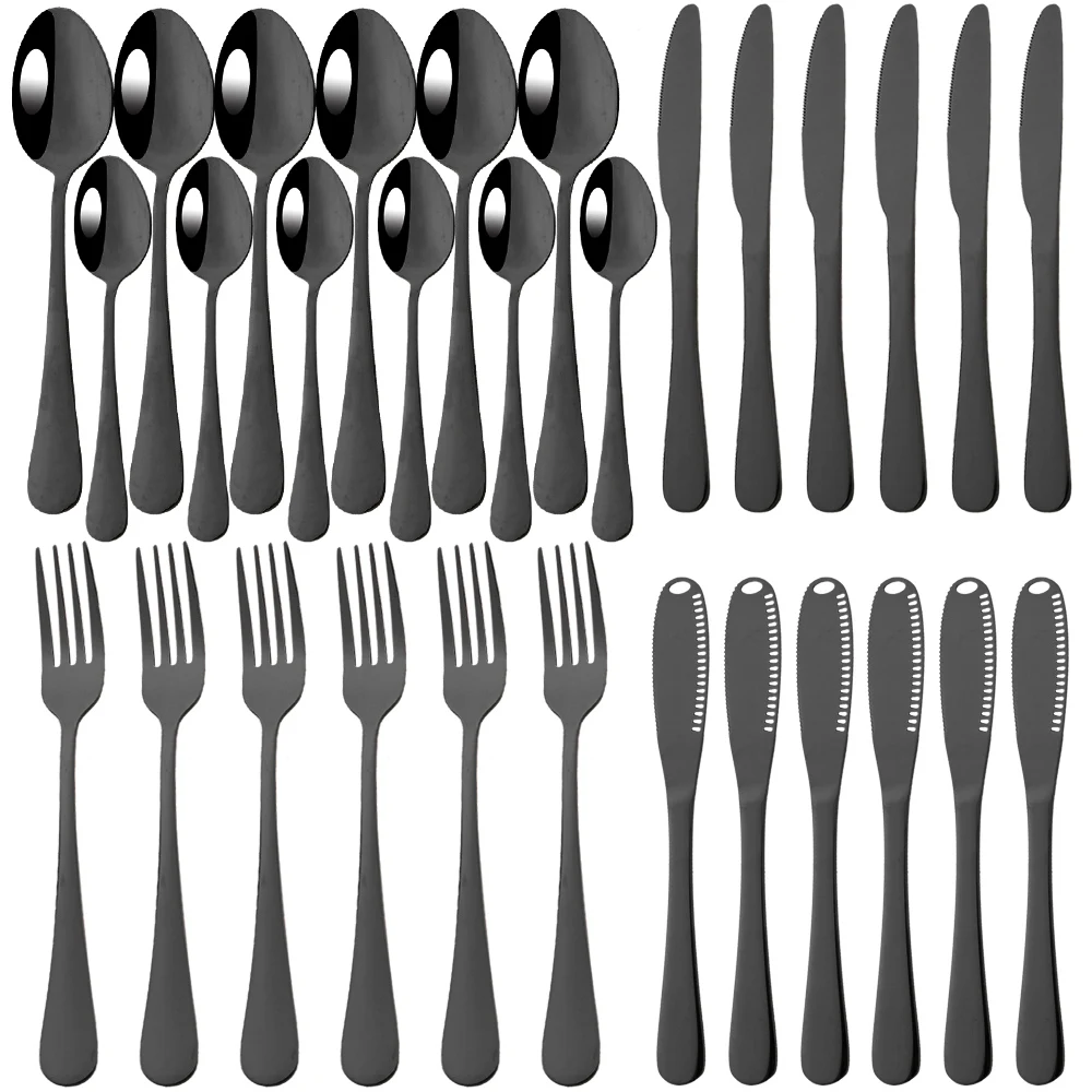 24/36Pcs Black Cutlery Tableware Set Stainless Steel Knife Fork Spoon Butter Knife Kitchen Dinnerware Set Flatware Dinning Set