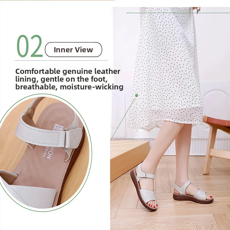 2025년 신상 엄마 샌들 천연 가죽 평평한 밑창 미끄럼 방지 편안한 부드러운 밑창 캐주얼 샌들 중년 및 노년 여성용