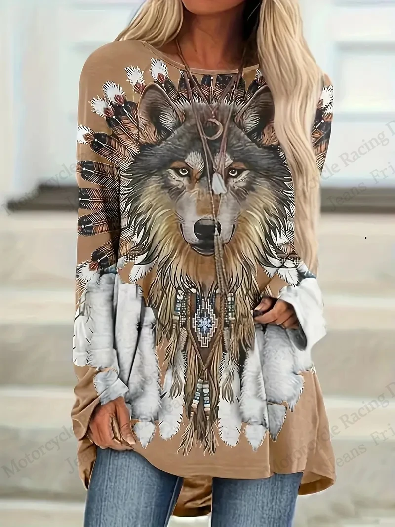 

Винтажные футболки с длинными рукавами с 3D принтом животных и волка, женская модная футболка большого размера, женские футболки, топы, длинные туники, фолз, этнические