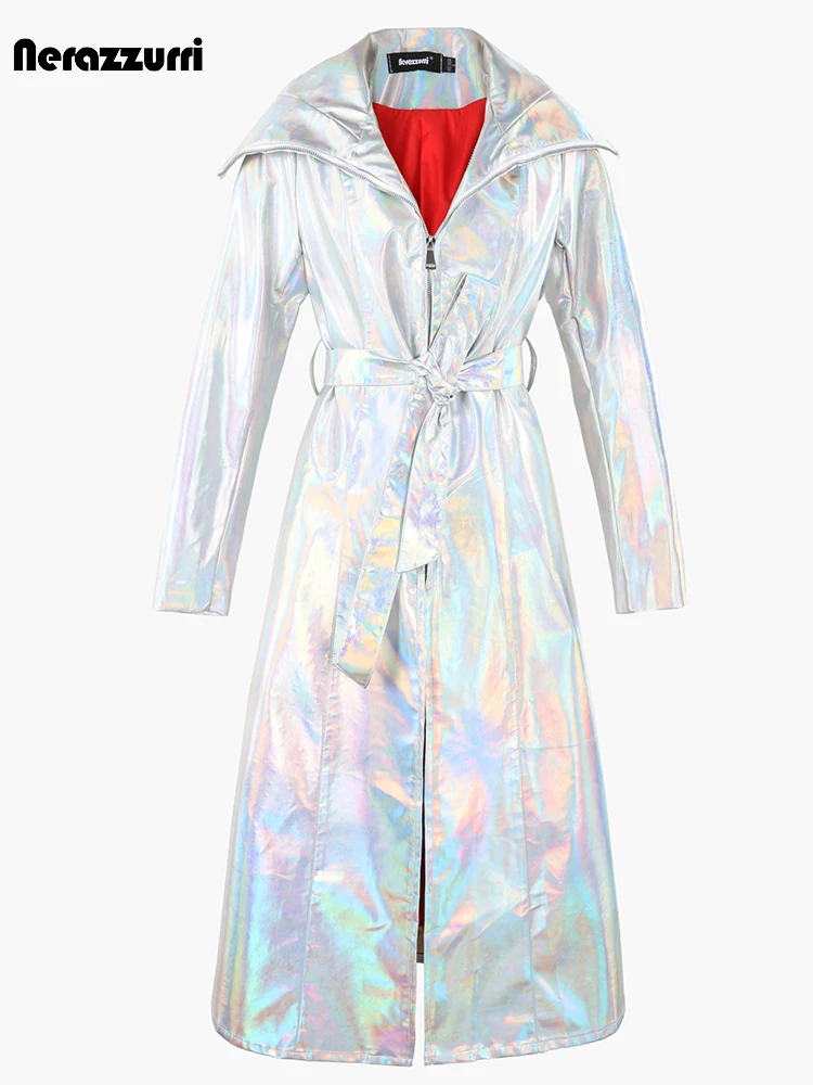 Nerazzurri Autumn Extra Long Windproof Waterproof Shiny Reflective Silver Holographic Patent Faux Leather Coat Women with Hood