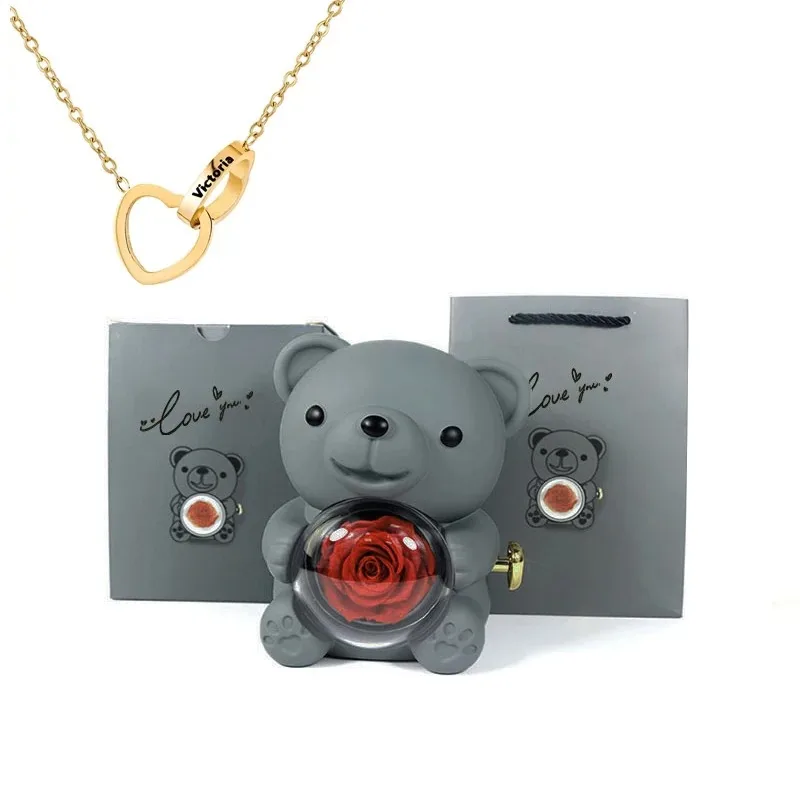 Ewige Rosen-Teddybär-Schmuckschatulle mit individueller Namenskette 3