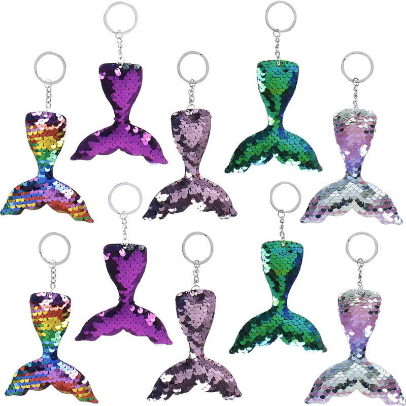 10pcs Mermaid Tail Keychains Party Favors Kids Birthday Flip Sequin Glitter Mermaid Key Chain Wedding Gifts Guests Pinata Fill