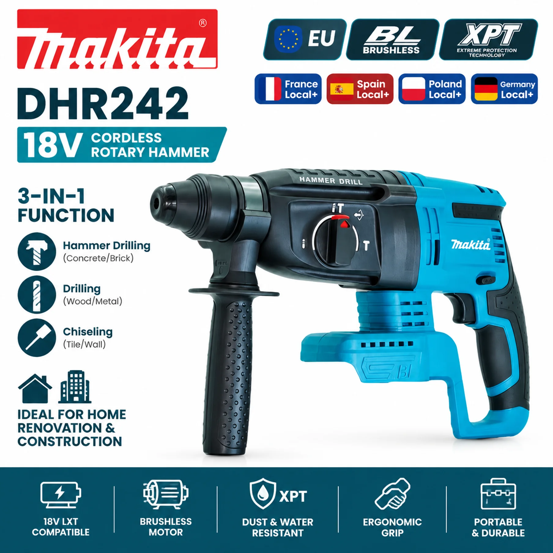 Batteria originale Makita da 6,0 Ah, modello DHR242, trapano-martello a batteria 18 V LXT con motore brushless, diametro di perforazione del calcestruzzo di 26 mm, 4700 impulsi al minuto, utensile