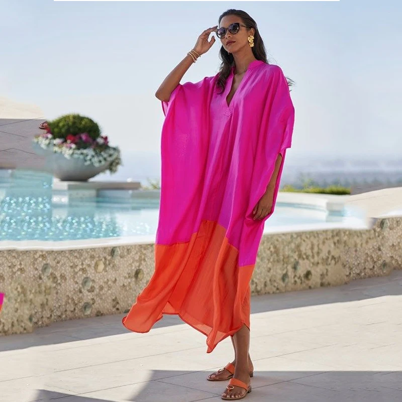 Fashion Maxi Dresses for Women Loose Dress Contrast Color Split-Joint V-neck Casual Fuschia Clohthing for Seaside Vacation