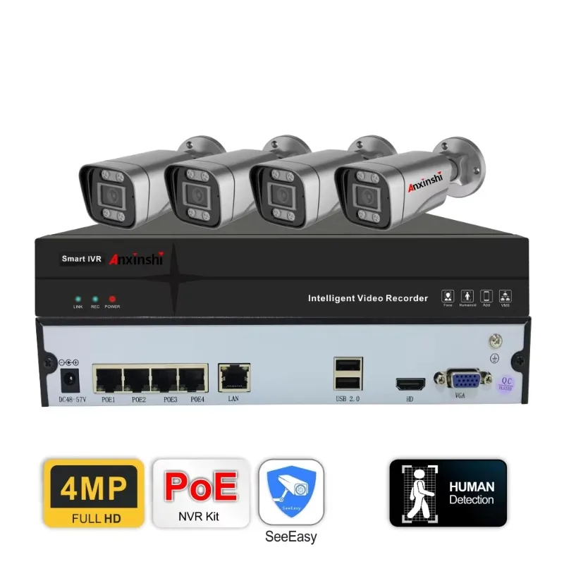 

4 Channel Camera Home Camera Security System With Built In Mic POE CCTV Security Cameras Kits Remote Viewed Monitoring System