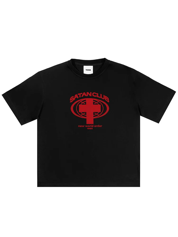 Men T-Shirts Satan Club Graphic Tops Y2k Cotton Streetwear Summer Fashion Oversized Short Sleeve Tees Vintage Printed Clothing