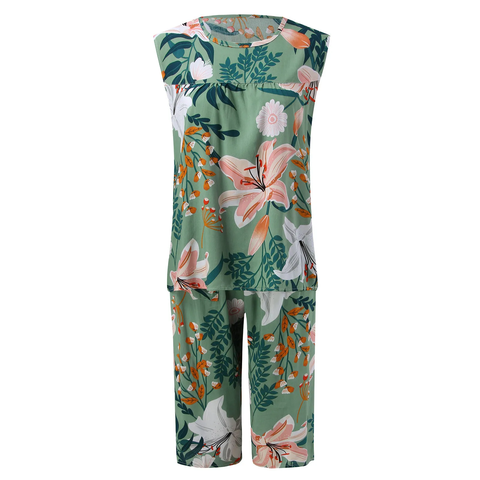 Women Capris Pajamas Set Summer Cotton Sleepwear Elegant Floral Printing Calf-length Loungewear Leisure Cropped Trousers Pyjamas