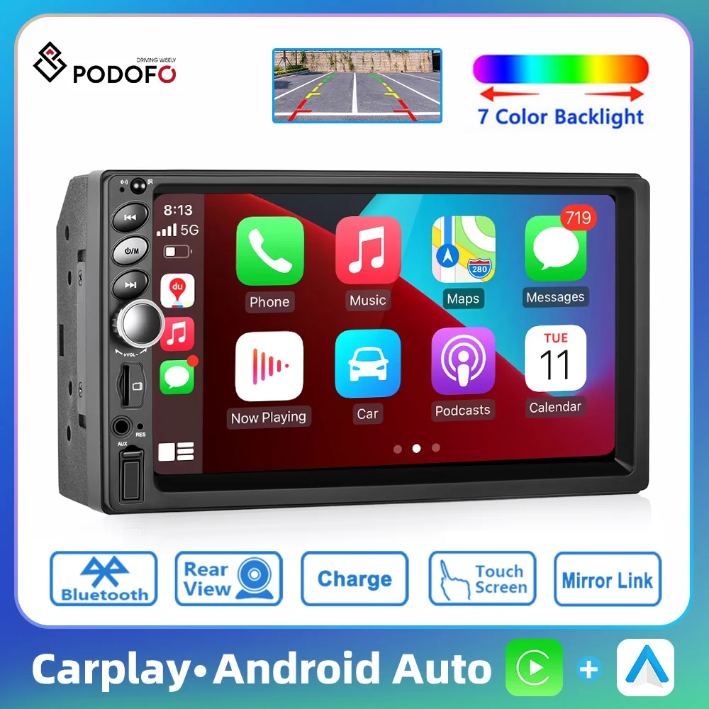 Podofo 7'' 2din MP5 Player Wired Carplay Android Auto Car Radio Stereo Mirror Link Universal Car Multimedia Player Touch Screen