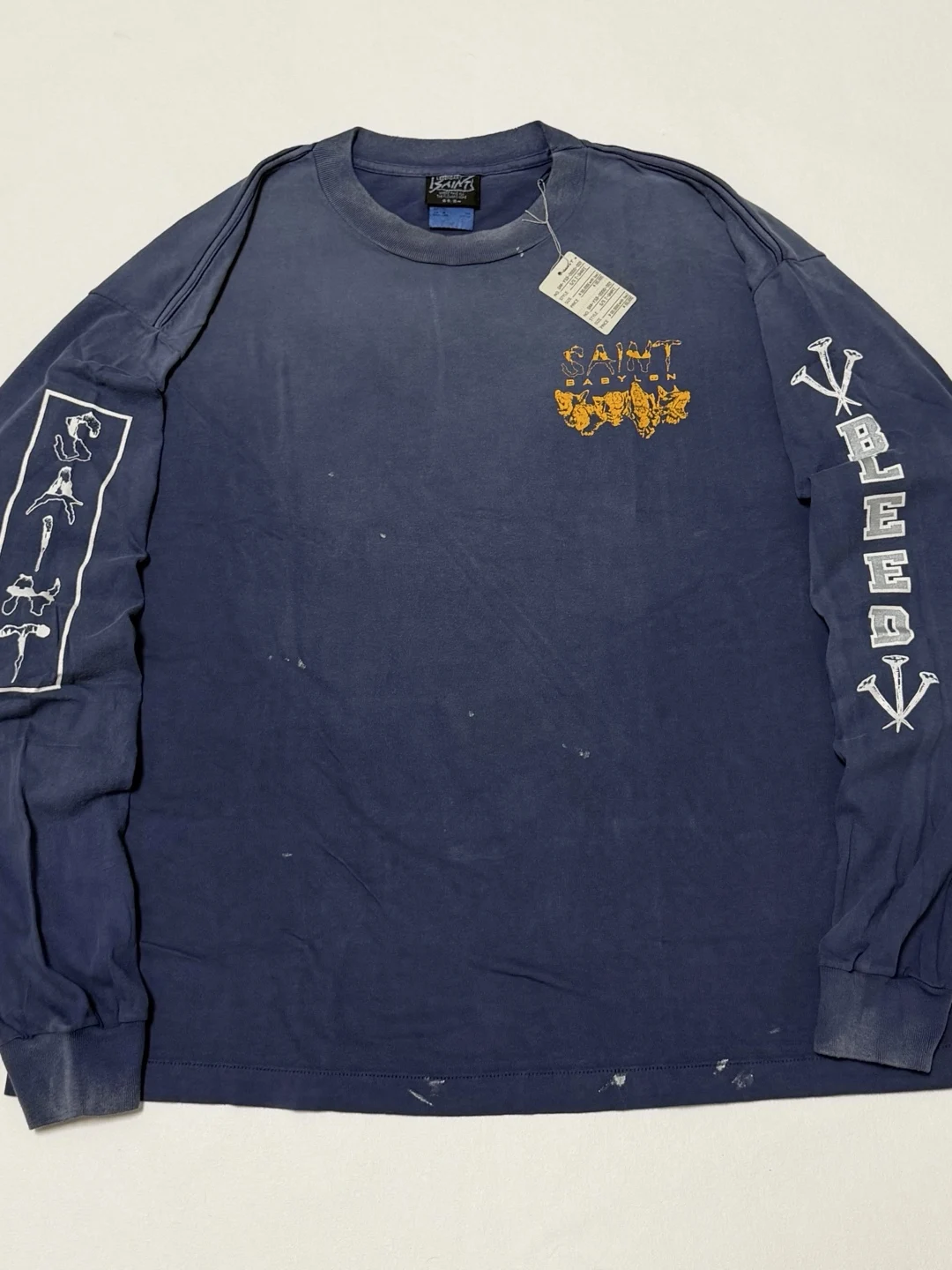 

American Street Sle Saint Heavyweight Waed Vintage Hand Splaed Ink Hole Wolf Head Nail Rust Long Sve Men's T-irt