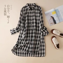 Black Plaid Vintage Polo-Neck Cotton Linen Long Sleeve Women's Blouse Shirt Korean Fashion Female Clothing Tops 2024 Spring