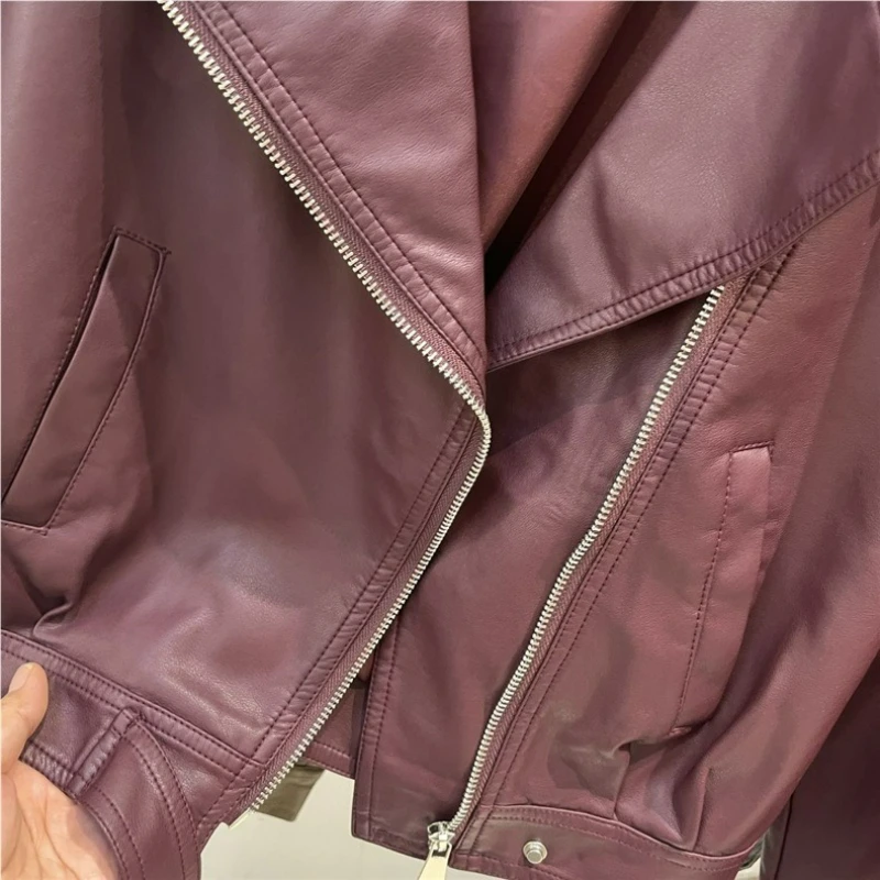 New Spring/Autumn 2026 Korean-style Fashionable Lapel Motorcycle Leather Jacket Short Slimming Form-fitting Outerwear for Women