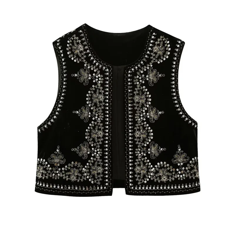 Zaura Women's Beaded Embroidered Velvet Buttonless Vest for Women