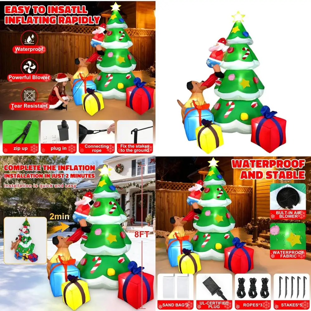 

Надувная уличная рождественская елка высотой 8 футов с Сантой и 3 подарочными коробками, украшение для двора со светодиодной подсветкой