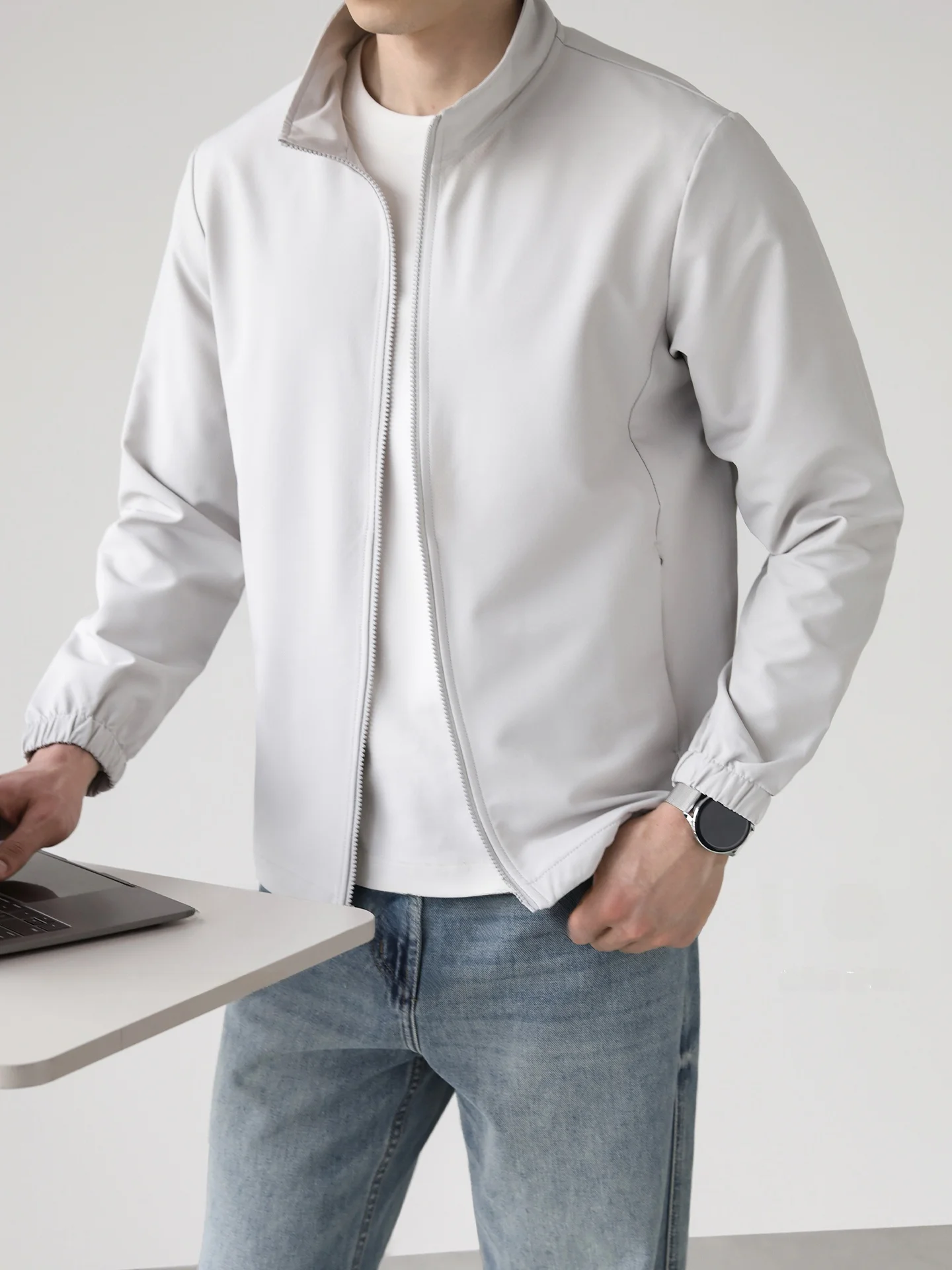 Imported Casual Commute Honeycomb Cloth Lined Stand Collar Men's Jacket Standard Fit Polyester Fiber Long Sleeve Breathable