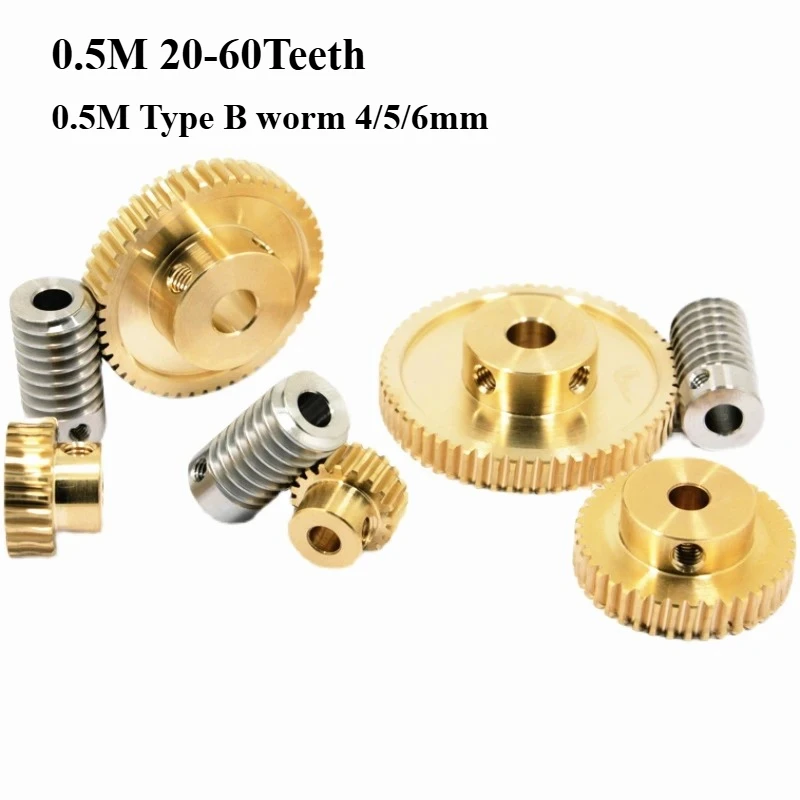 0.5M Precision Turbine Worm Gear Set 1:20/25//30/35/40/50/60 Teeth Stainless Steel Worm Copper Gear Accessories