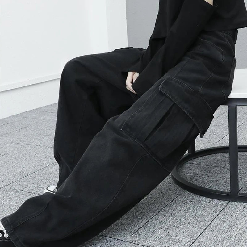 Basic Jeans Women Japanese Style Baggy Cargo Trousers Autumn Big Pockets Vintage Minimalist Neutral Streetwear Students Casual