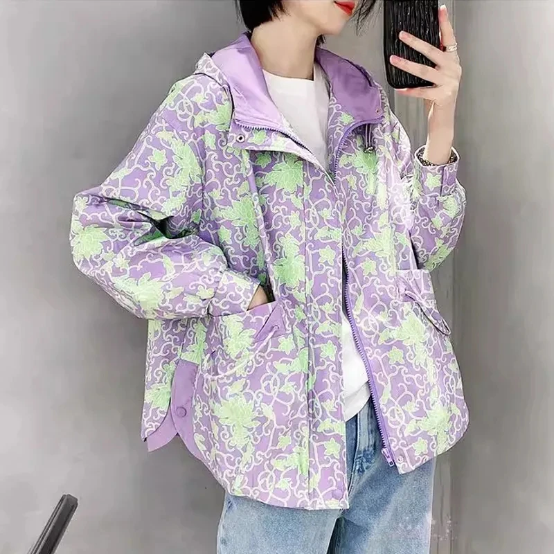 

Hooded Windbreaker Womens Casual Print Wind Break Thin Sun Protection Charge Coat Loose Spring Summer Fashion 2023 Trench Coats