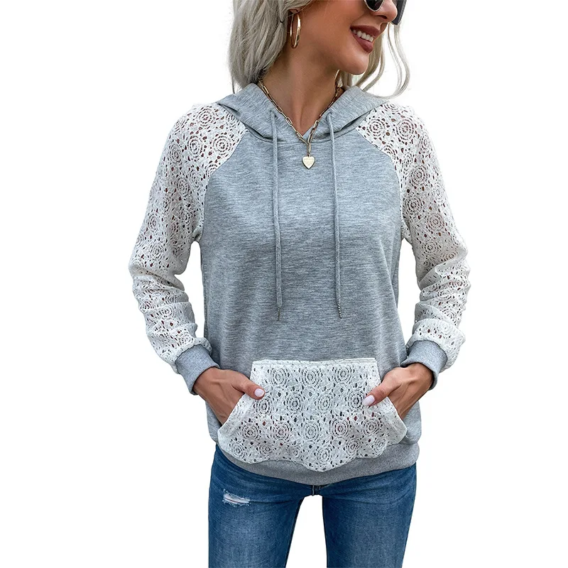 

Sweet Solid Color Light Gray Brand High Street Women's Ovesized Hoodies With Lace High-Quality Sweatshirt For Ladies Clothes