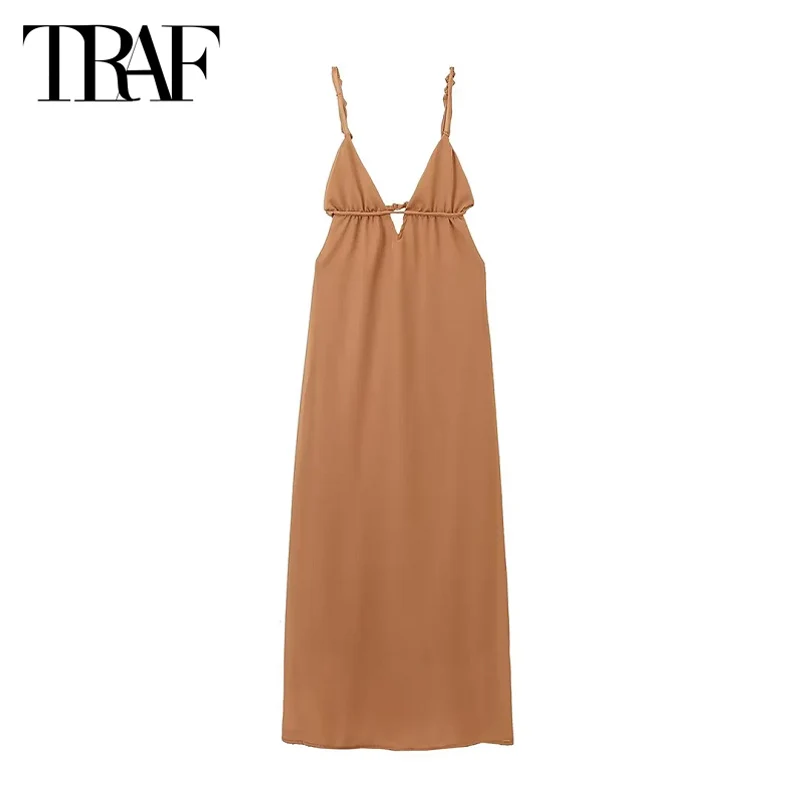 TRAF Long Dresses 2024 Summer Women\'s Sexy Elegant Party Beach Midi Slip Dress Ladies Fashion Casual Backless Khaki Dresses