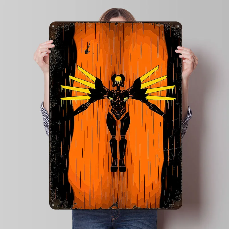 Roboterfigur mit Flügeln in Orange im Regen Poster, personalisierte Vintage-Metallschilder, Wandkunst, Retro-Blechschild für Raumdekorationen