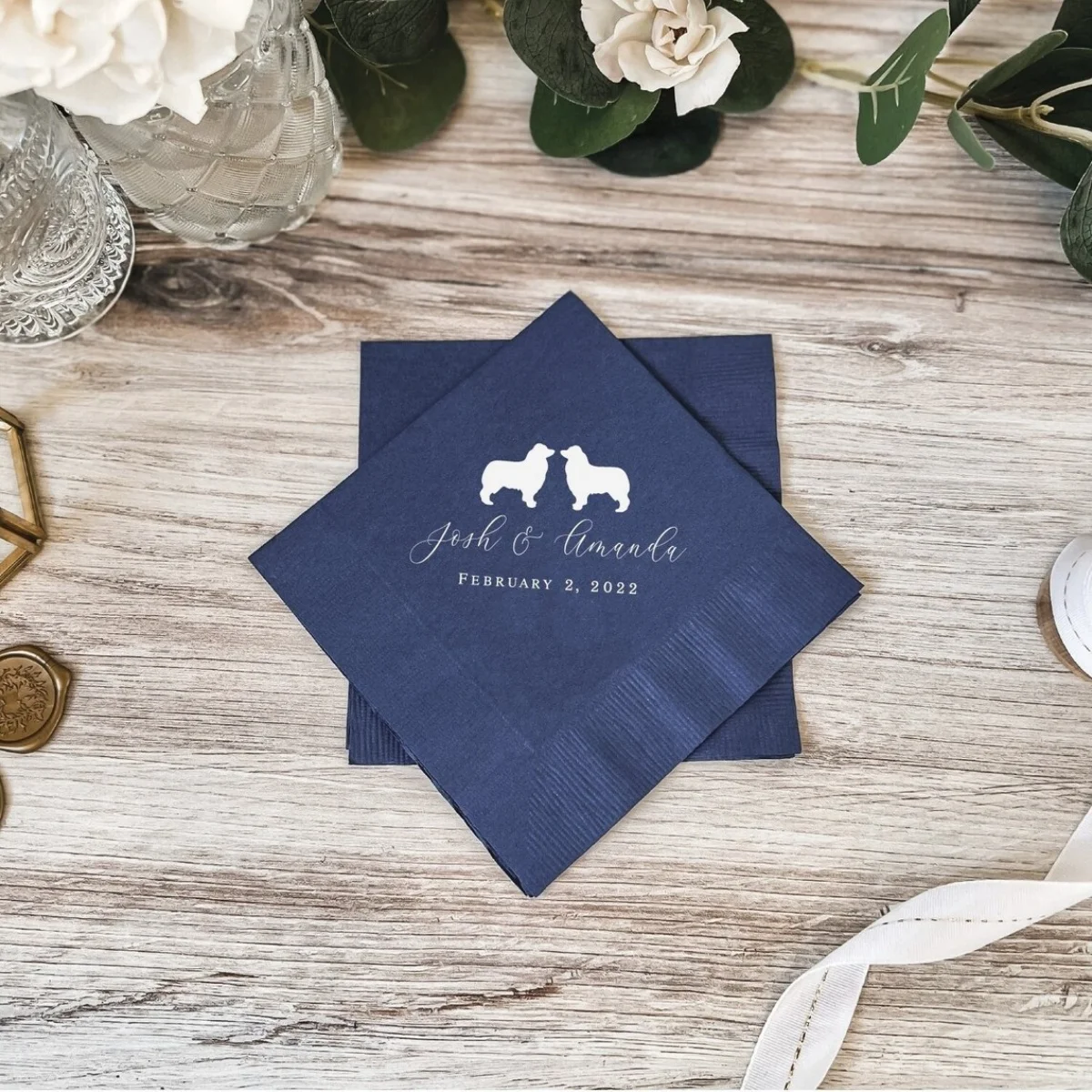 

50pcs Personalized Dog Wedding Napkins, Bridal Shower, Rehearsal Dinner, Custom Bar Napkins, Custom Pet Dog Wedding Napkins