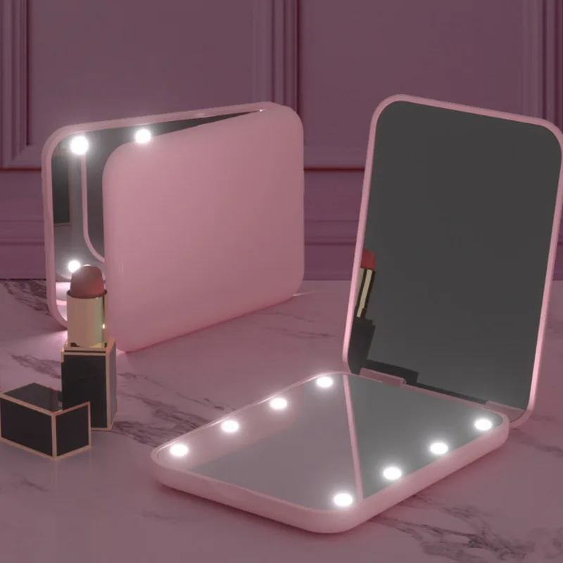 Draagbare draagbare make-upspiegel: 8-LED verlicht met 2x vergroting en batterijvoeding
