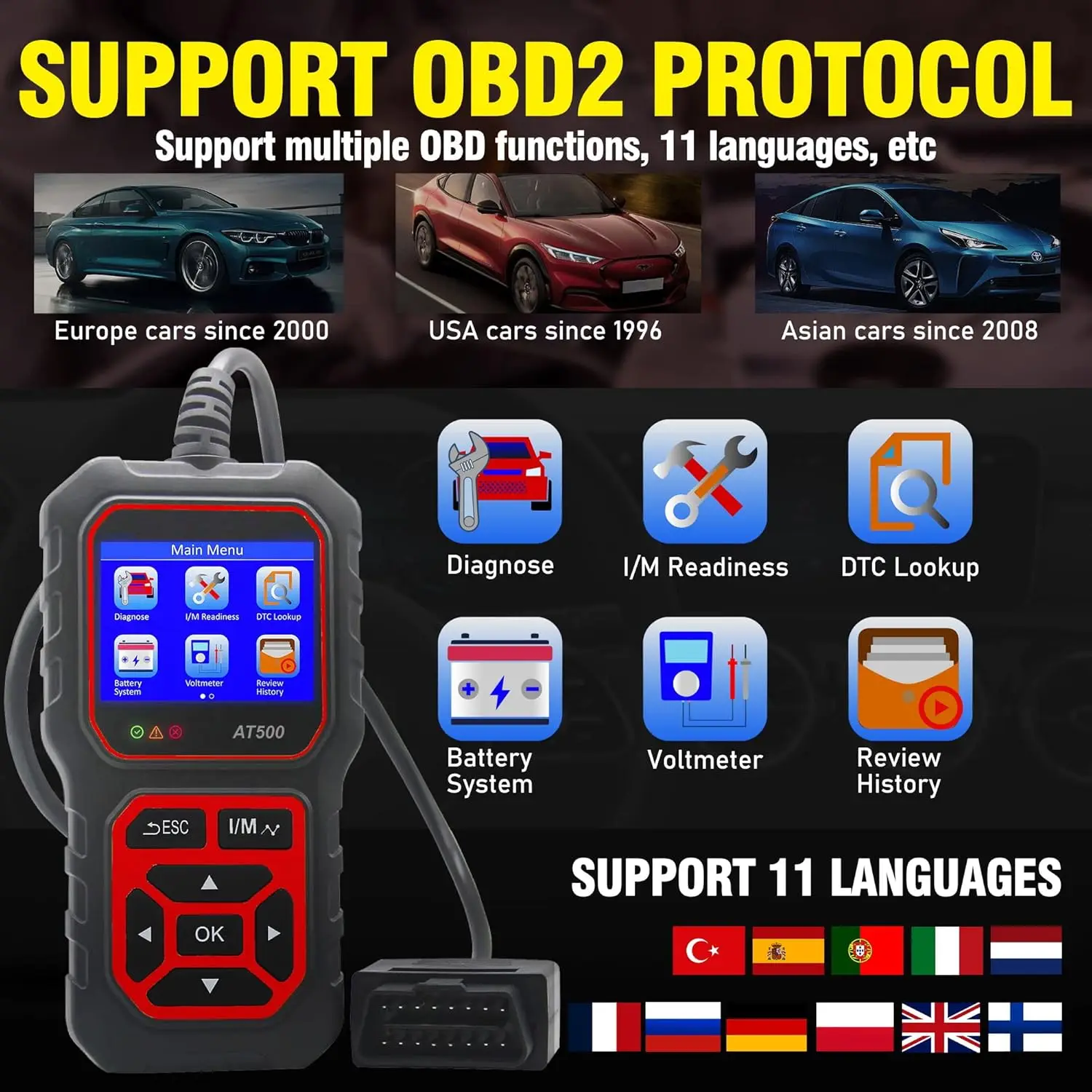 AT500 OBD2 Scanner - Professional Code Reader for OBD II Cars (1996+)