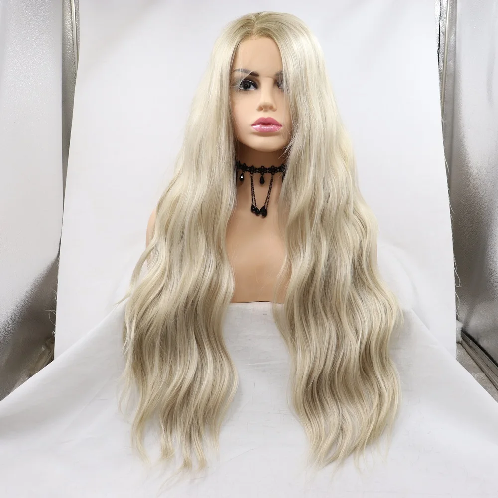 Synthetic Female Hair Raw Material Platinum Blonde Long Loose Wave Lace Front for Women Cosplay