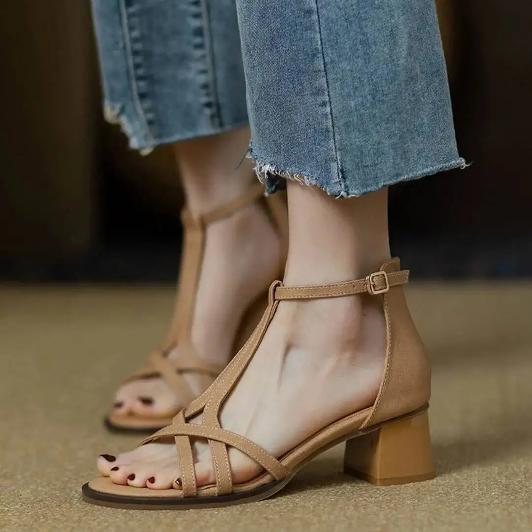 2025 Summer High Heel Sandals Women's Mid Heel Cross Strap Open Toe Sandals Soft Leather British Style Chunky Heels image 2