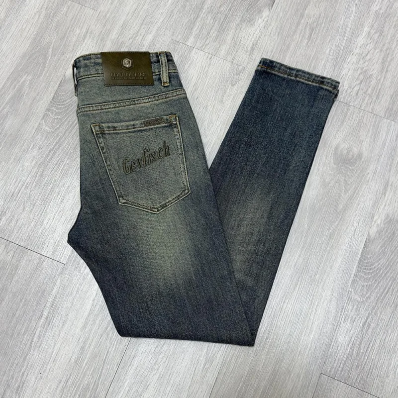 Moda bordada azul profundo carta bordado jeans masculino retro azul denim lavado gradiente calças compridas