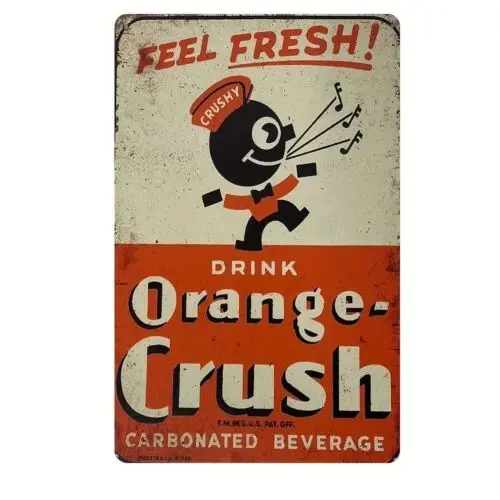 Letrero de hojalata Retro Orange-Crush, arte coleccionable nostálgico Vintage Soda Ad Man Cave