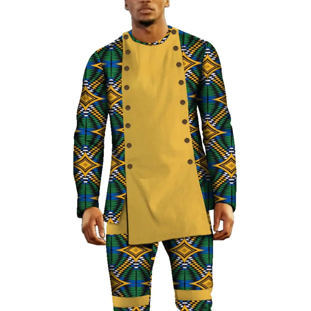 Bazin Riche-Ensemble 2 Pièces Pantalon et Haut pour Homme, Vêtements Africains Décontractés, Design Africain, WYN553