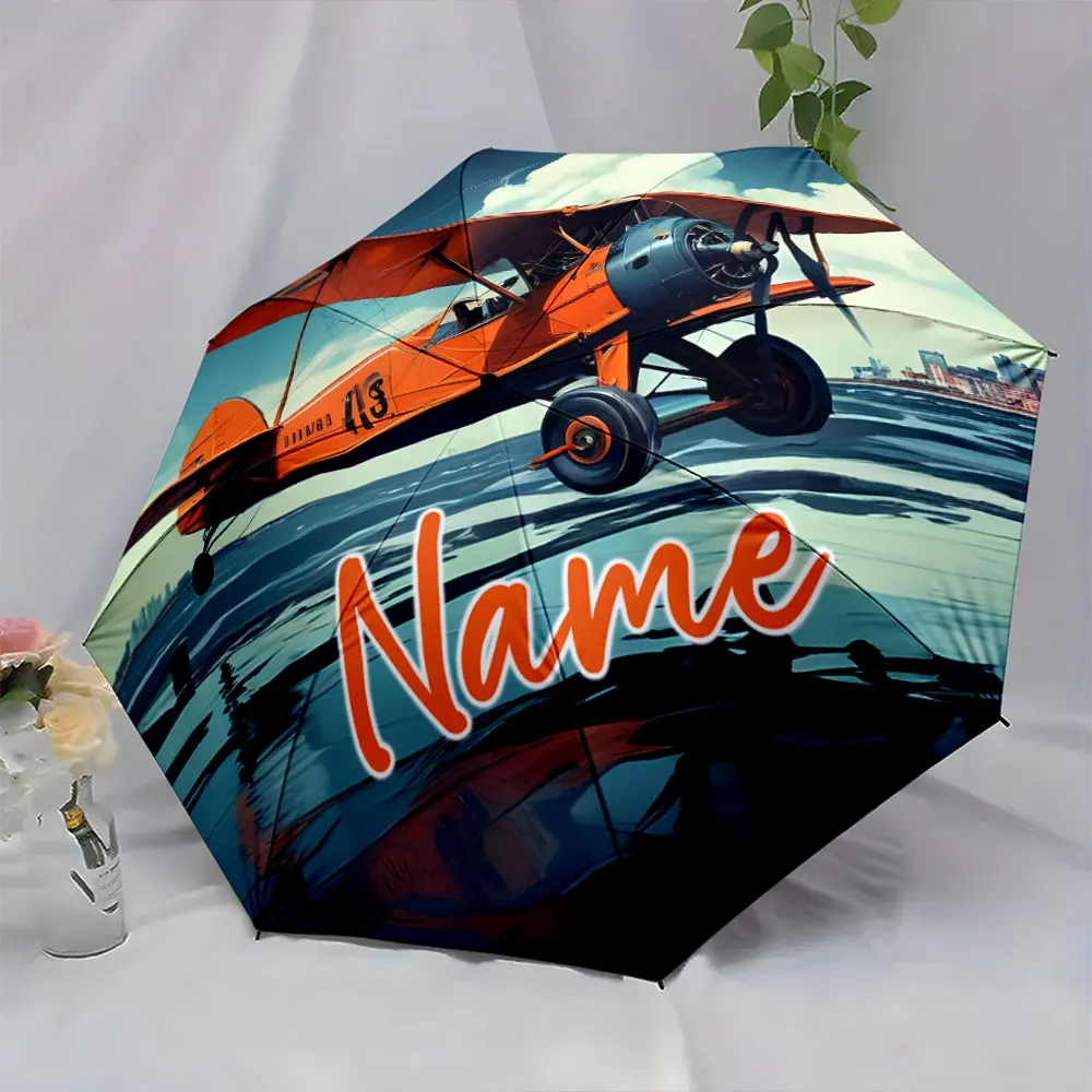 Custom Name Vintage Plane Design Umbrella with Custom Text Print 8 Iron Ribs Folding Umbrella Auto-Open Fashion Sunshade