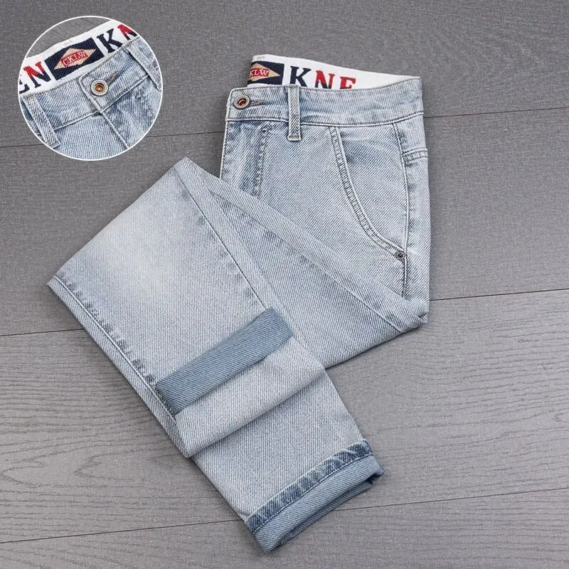 

Embroidered Blue Jeans Men's 2025 Spring and Summer New Elastic Slim Trend Versatile Straight Light Luxury Long Jeans Man Pants