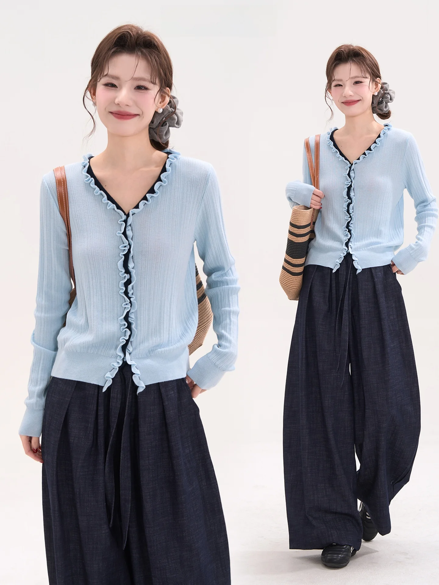 

Ele Rose Pattern Knitted Long Sve V-Ne Sweater for Women Casual Sle Floral Trim Slimming Design by Heme