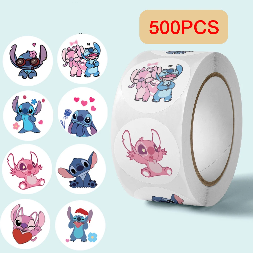 

500pcs/roll Disney Cartoon Stitch Angel Reward Stickers Kawaii Anime Sealing Decals Scrapbook Phone Luggage Sticker for Kids Toy