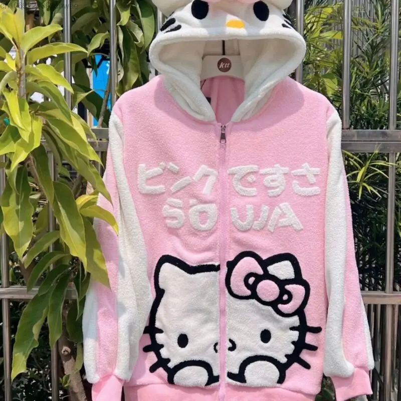 Sanrio Hello Kitty Embroidered Plush Zipper Coat Y2k Girls Winter Fall Black Hoodie Ladies Lolita Jk Uniform New Kawaii Pink Top