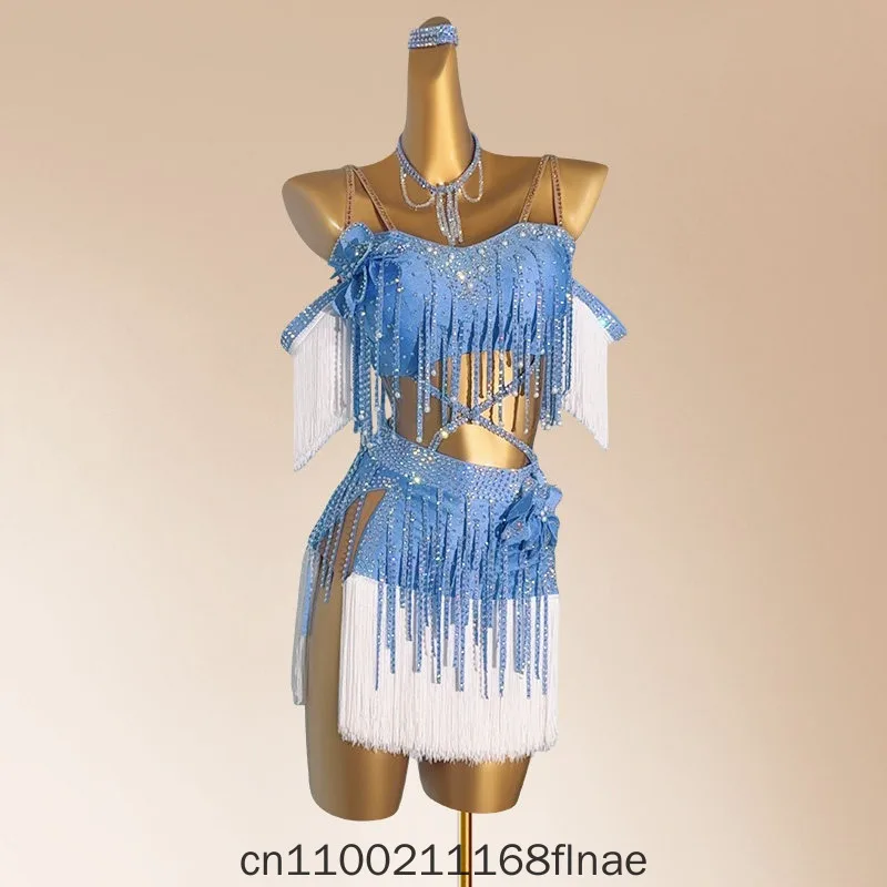 New Latin Dance Competition Dress Children's Performance Dance Skirt Girls' Tassel Flower Dress Advanced Professional Art Exam