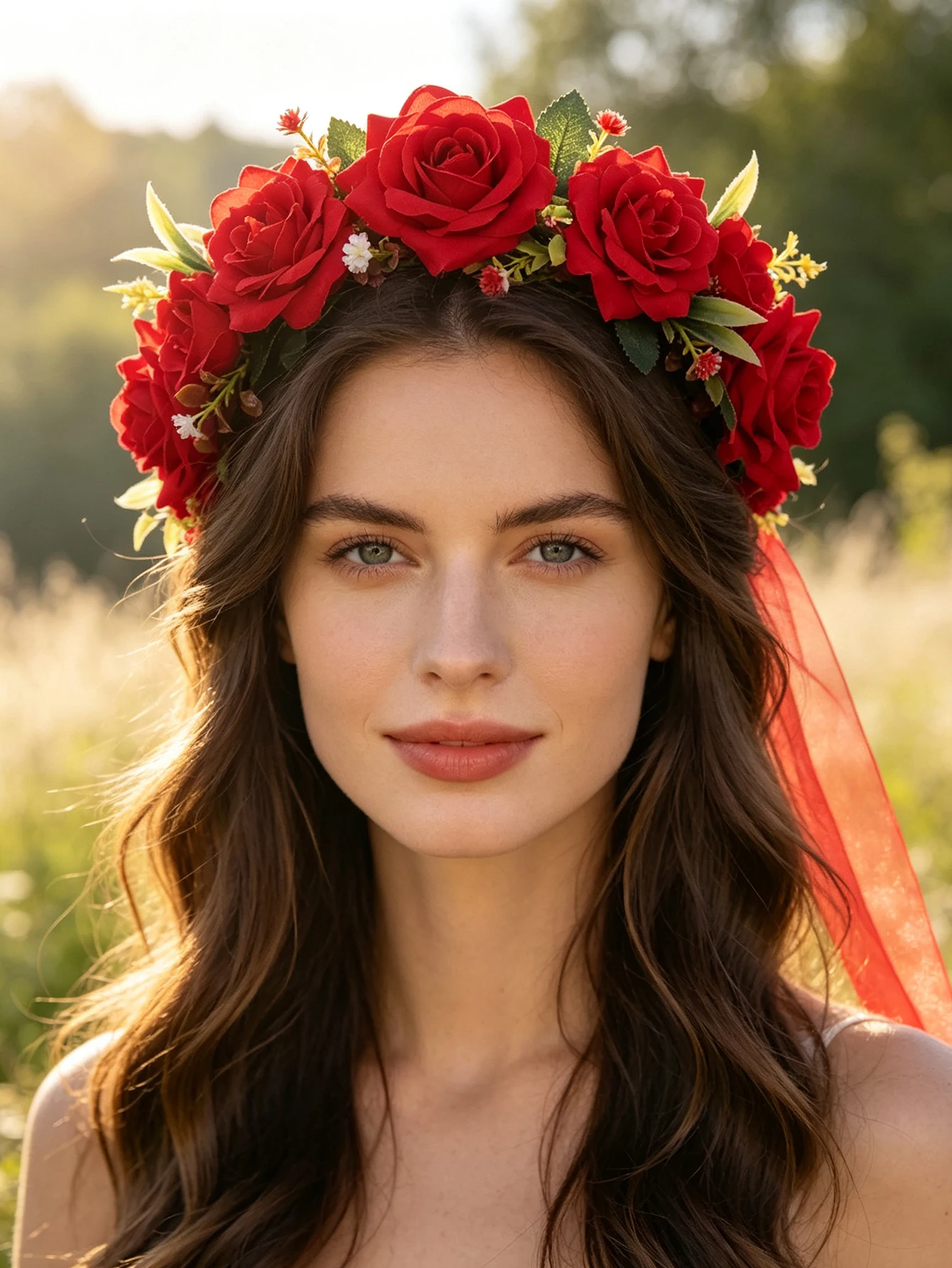Red Synthetic Rose Flower garland Headband Fabric Rose Green Leaf Flowing Headpiece for Bridesmaid Wedding Photoshoot Vacation F