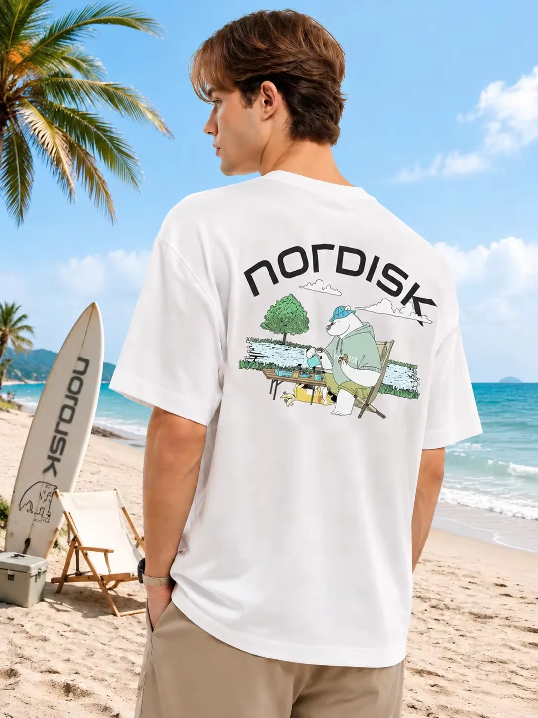 2026 Outdoor Nature Cartoon Bear Graphic T Shirt, Lakeside Picnic Animal Back Print Street Casual Tee Men Women