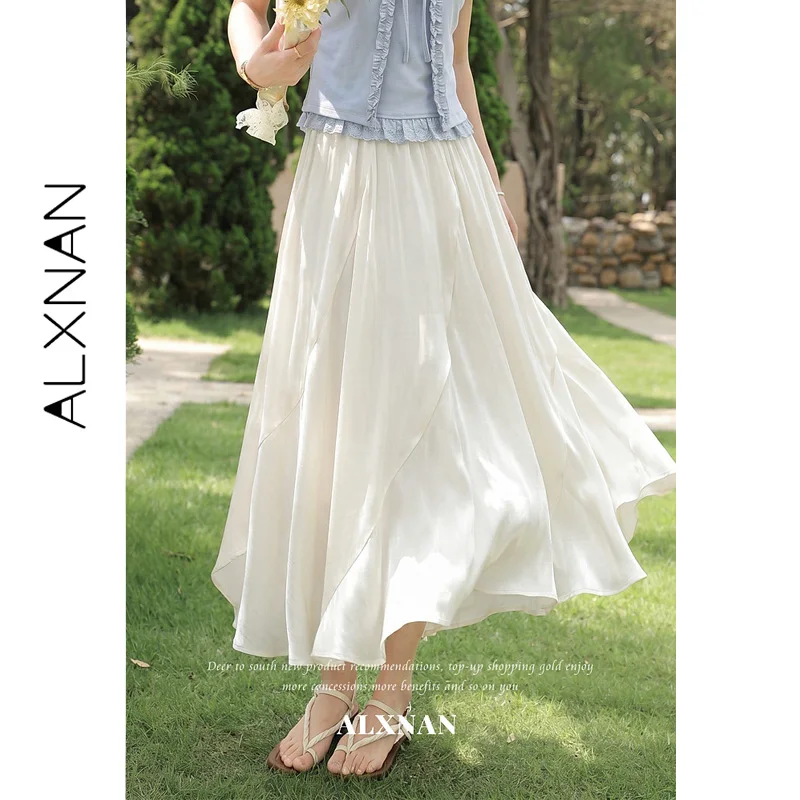 ALXNAN Off-white Skirt High Waist Asymmetrical Diagonal Panels Pleated Design Skirts Beach Holiday Ladies Bottom DYL662935