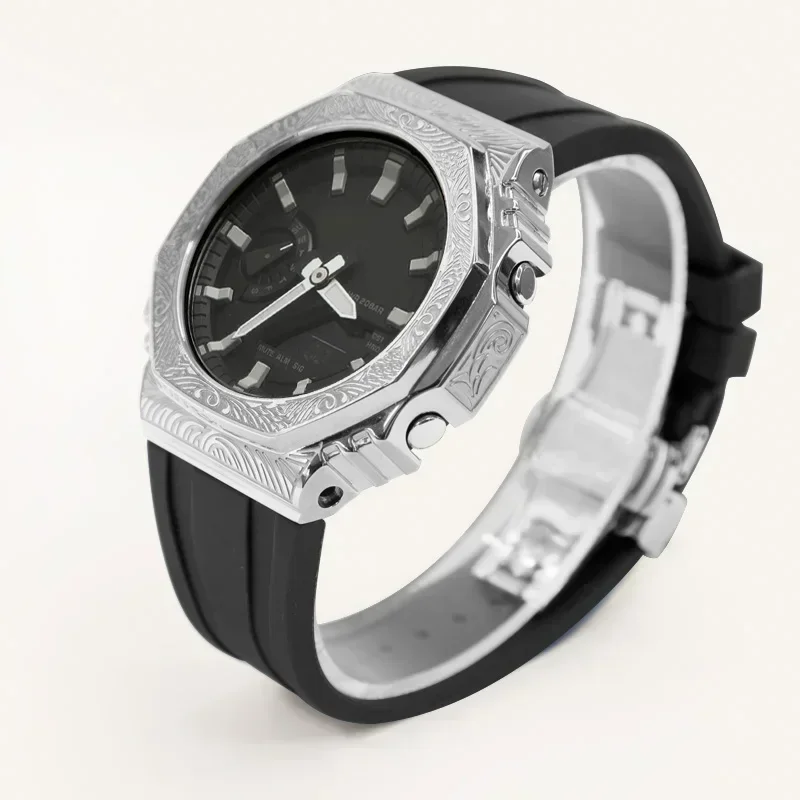 Retro Lanser Graveren Bezel voor casio Oak Ga b2100 Refit Stalen Metalen Kast Rubberen Band Ga2100 Mod Kit Schroef Horloge Accessoires