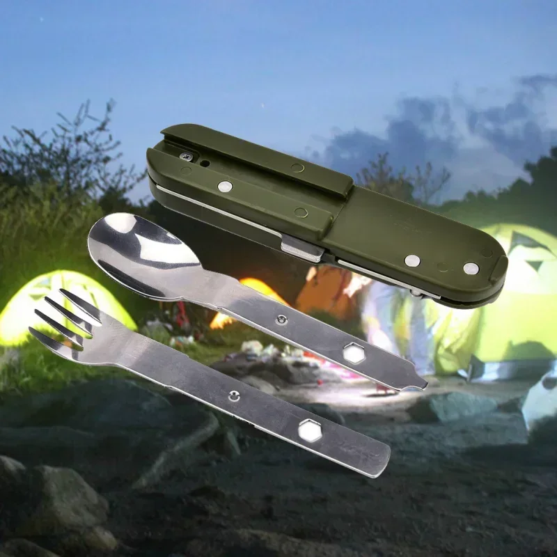 سكين أدوات مائدة للتخييم والنزهات من الفولاذ المقاوم للصدأ، شوكة، ملعقة، مناسبة للتخييم في الهواء الطلق، أدوات مائدة فتاحة زجاجات محمولة قابلة للطي